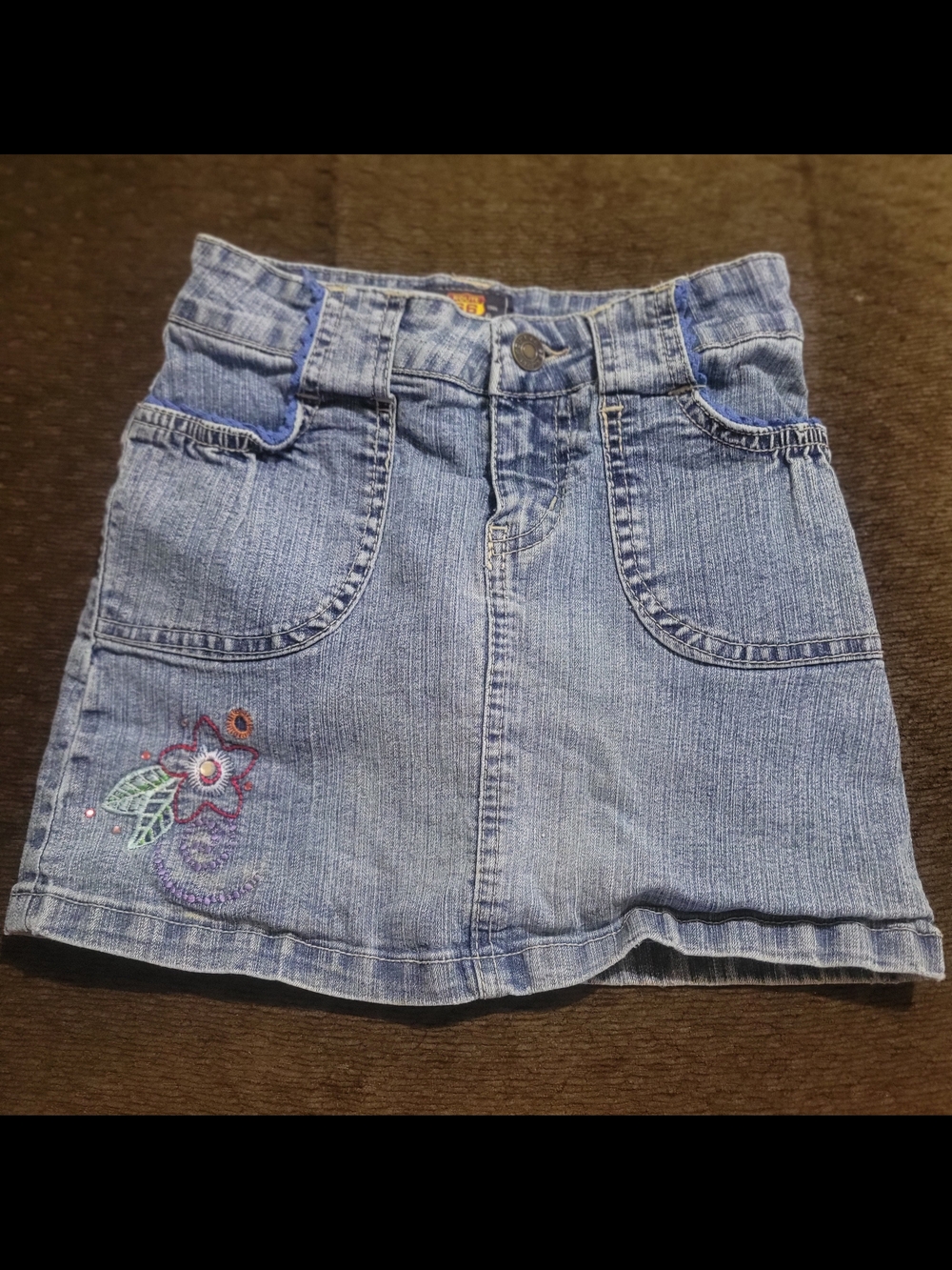 Girls Light Blue Denim Skort with Floral Embroidery